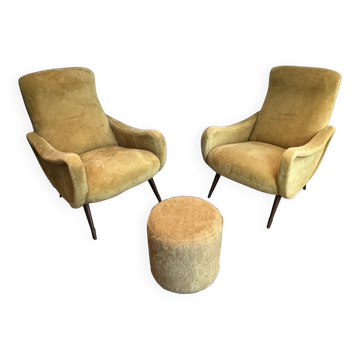 Two designer velvet armchairs from the 1960s in yellow.