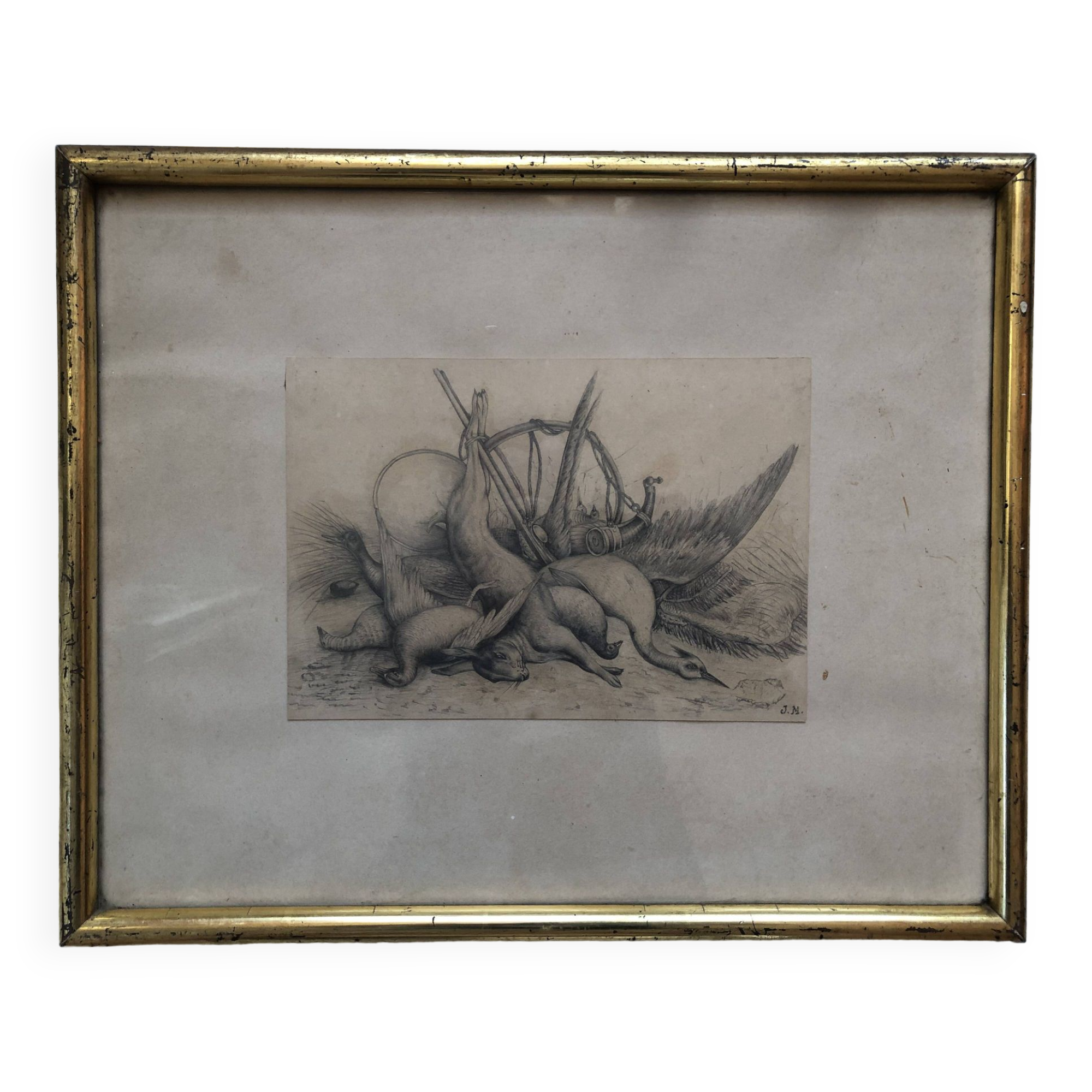 Drawing 1900 lead pencil still life hunting painting game trophy, signed jm, hunter