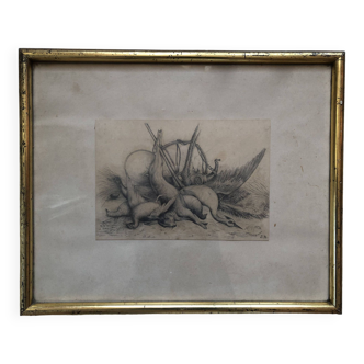 Dessin 1900 crayon mine de plomb nature morte tableau de chasse gibier trophee, signé j.m., chasseur