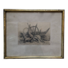 Dessin 1900 crayon mine de plomb nature morte tableau de chasse gibier trophee, signé j.m., chasseur