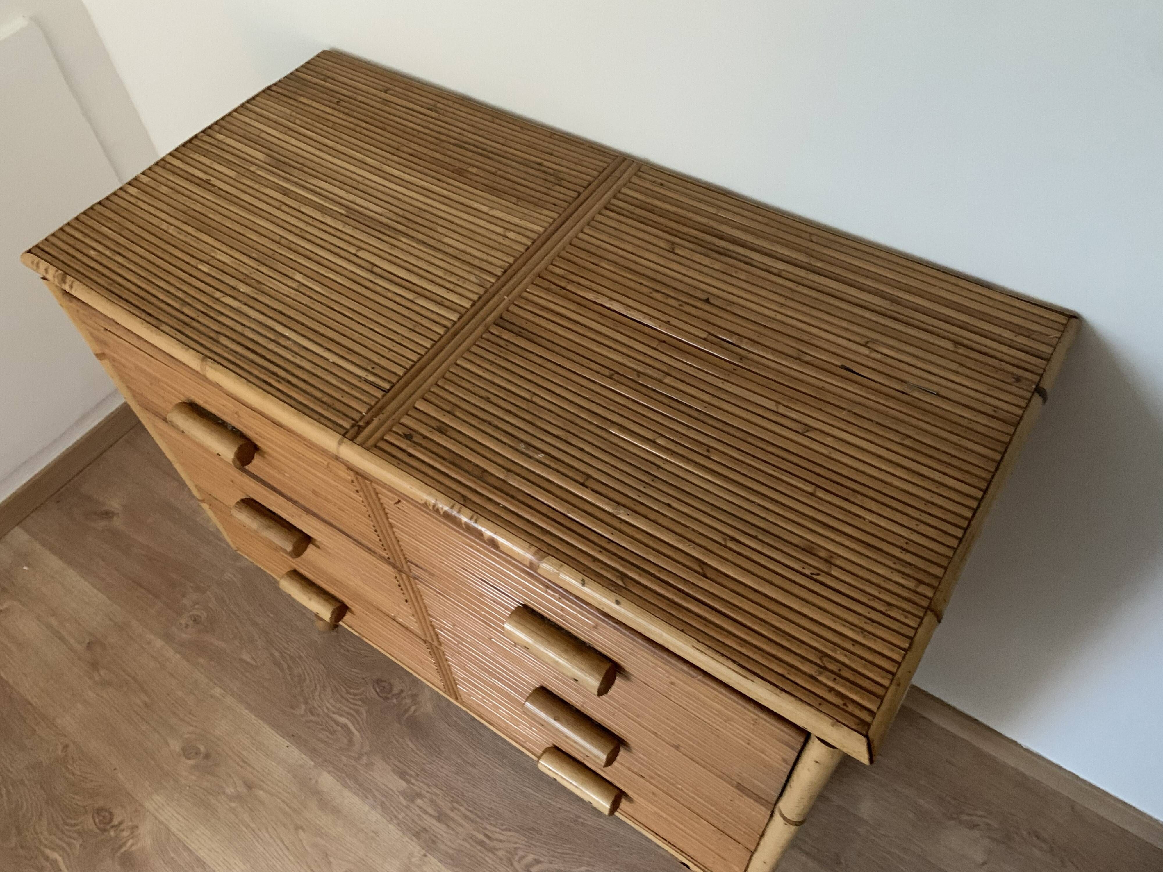 3-drawer rattan/bamboo chest of drawers attributed to Adrien Audoux and Frida Minnet. Circa 1950