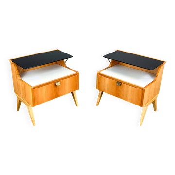 2 bedside tables by WK Möbel with black and white glass tops, pear wood, 1950s