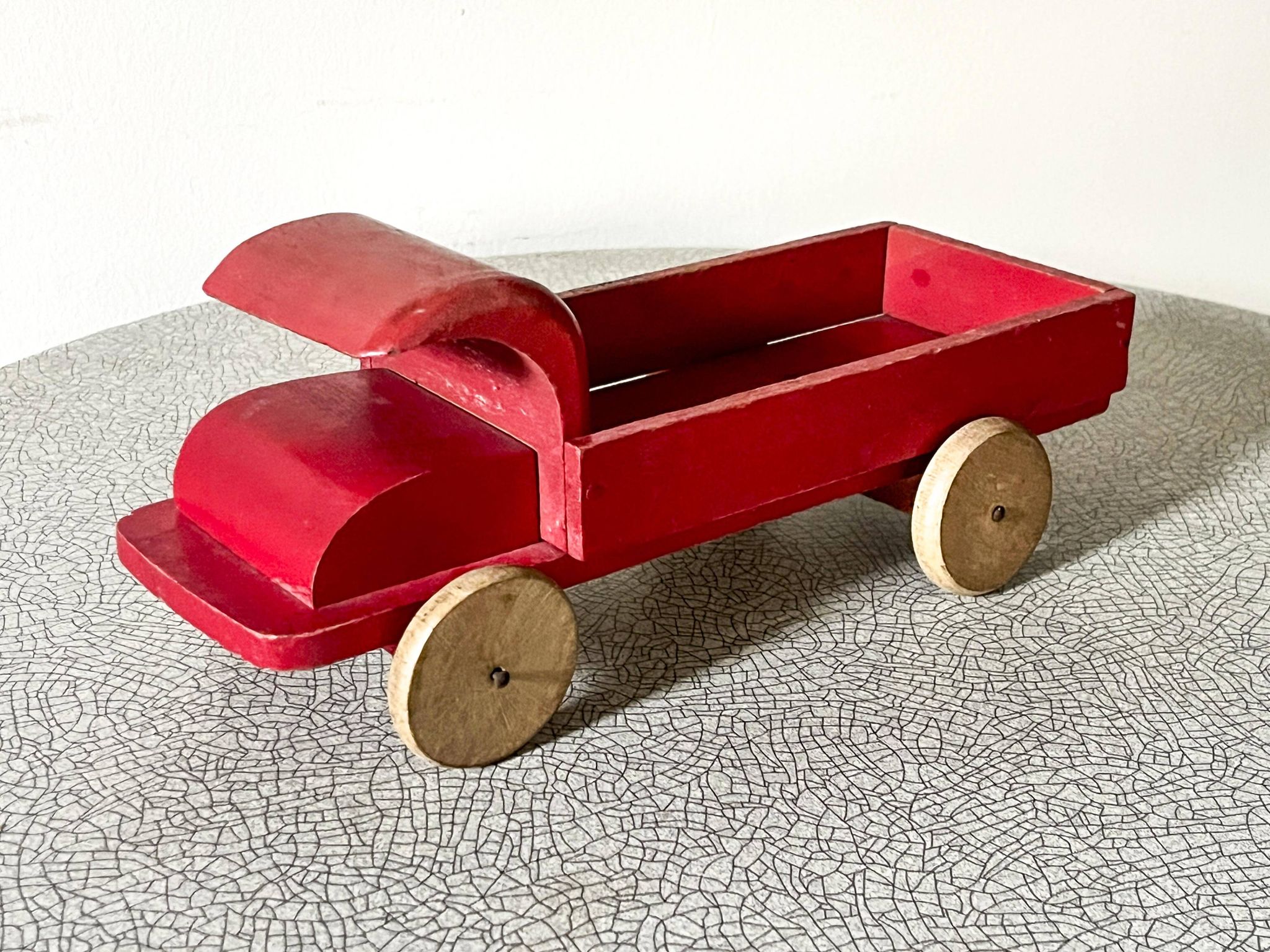 Red wooden flatbed truck, vintage toy