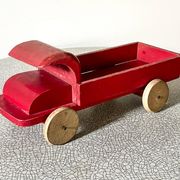Red wooden flatbed truck, vintage toy