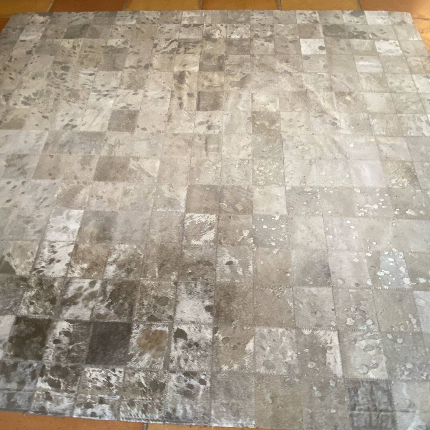 Cowhide rug, silver-grey patchwork