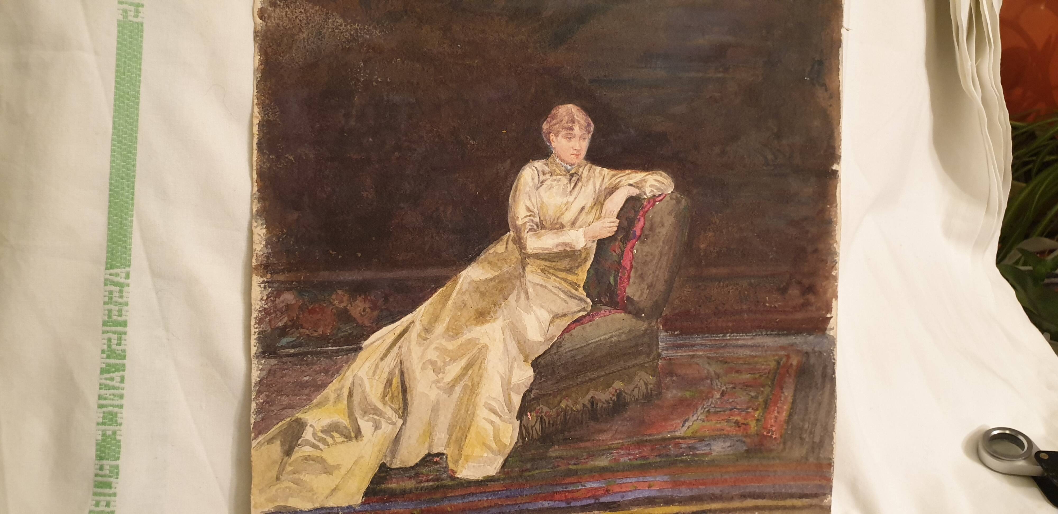 Ancient watercolor: woman sitting on a meridian
