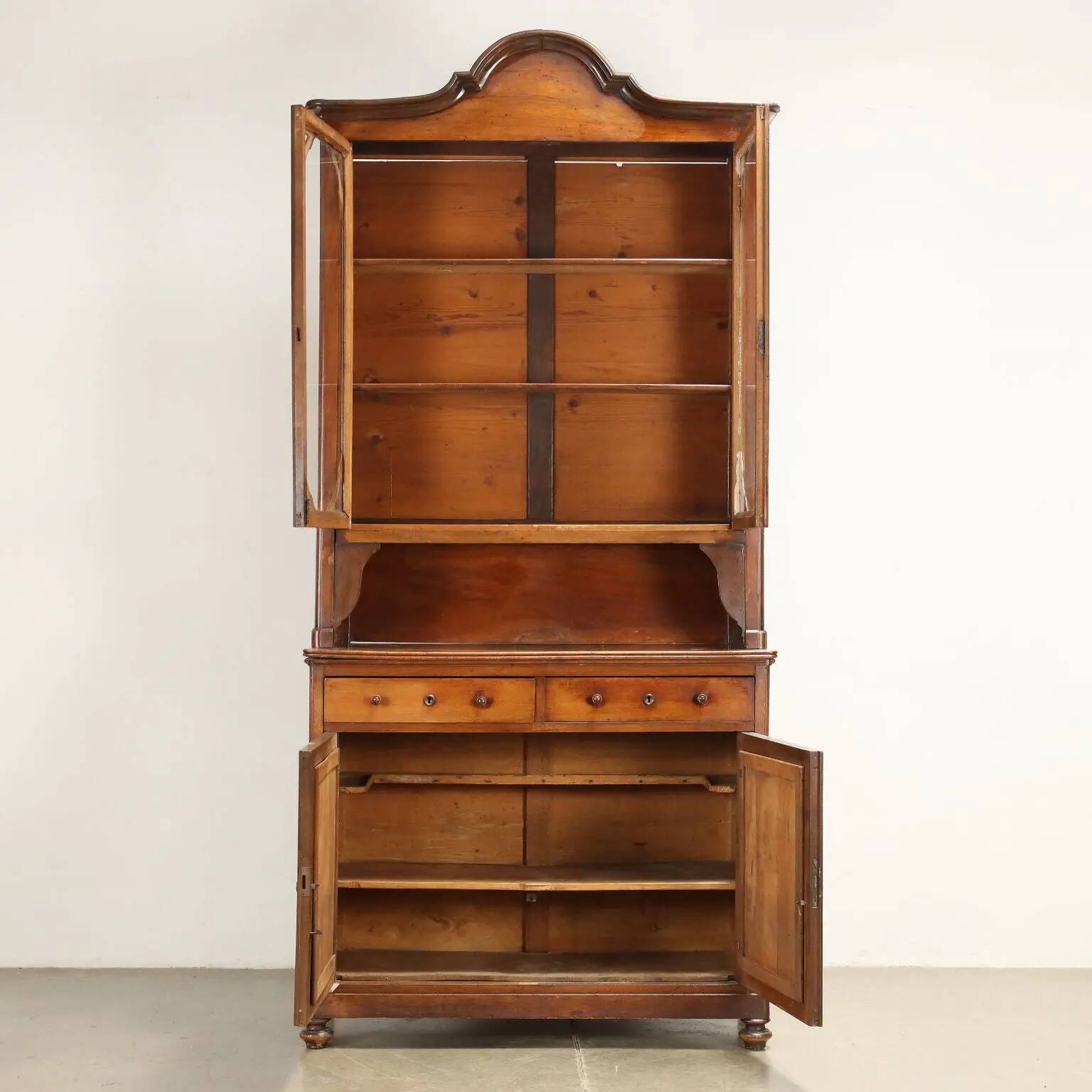 Antique double-bodied display cabinet with walnut drawers, Italy, 20th century.