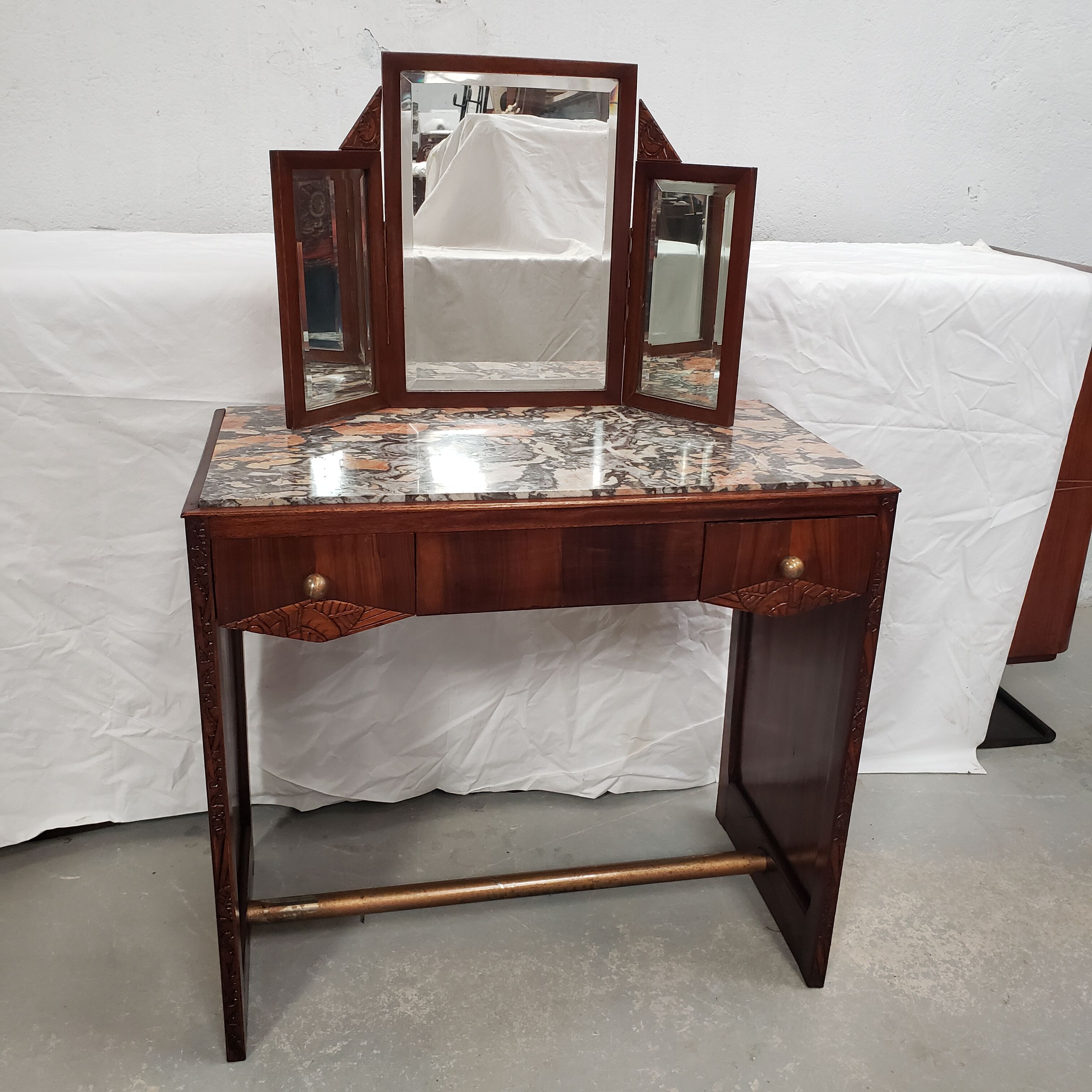 Dressing table art deco in mahogany mirror triptych