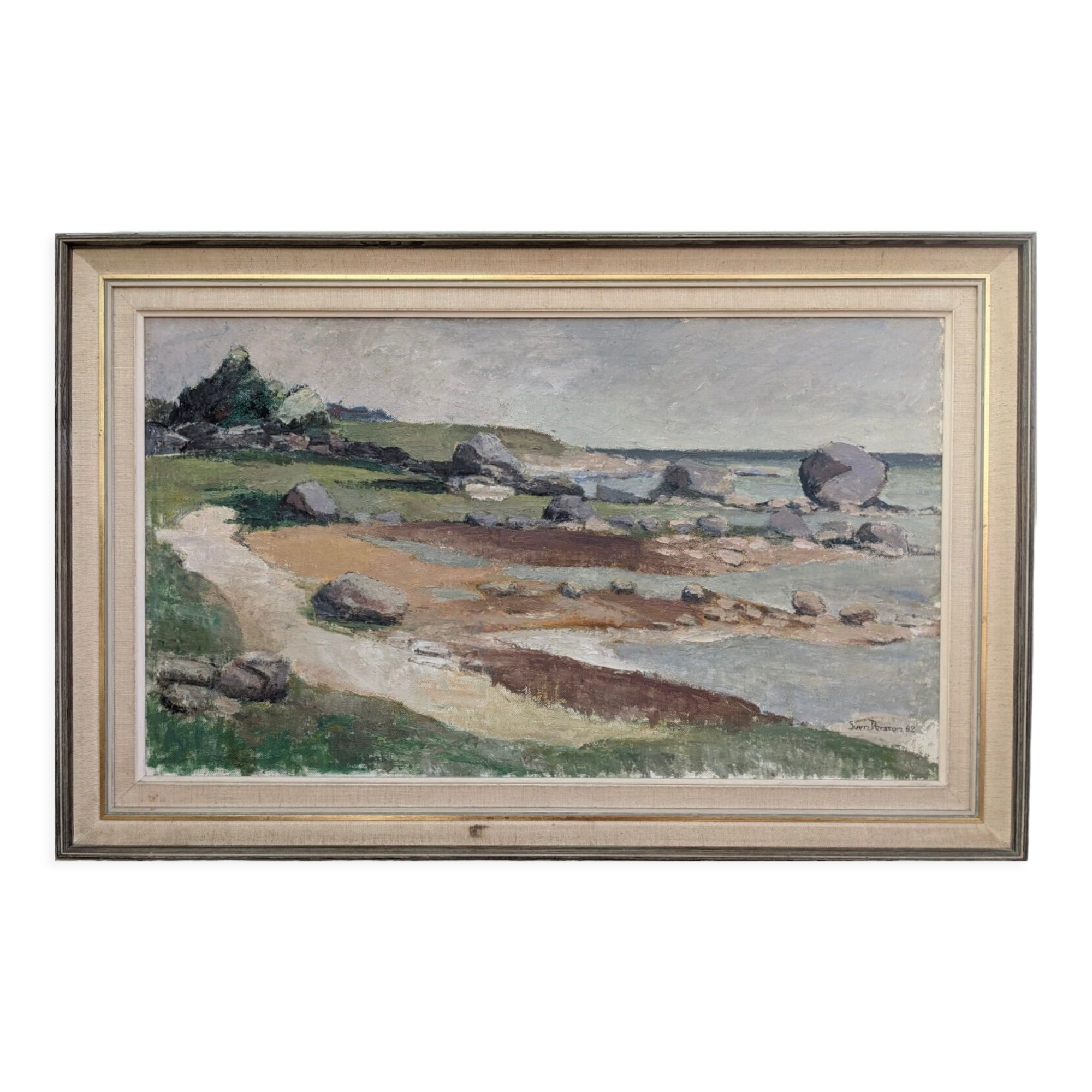 1962 Mid-Century Modern "Rockpools" Swedish Landscape Oil Painting, Framed