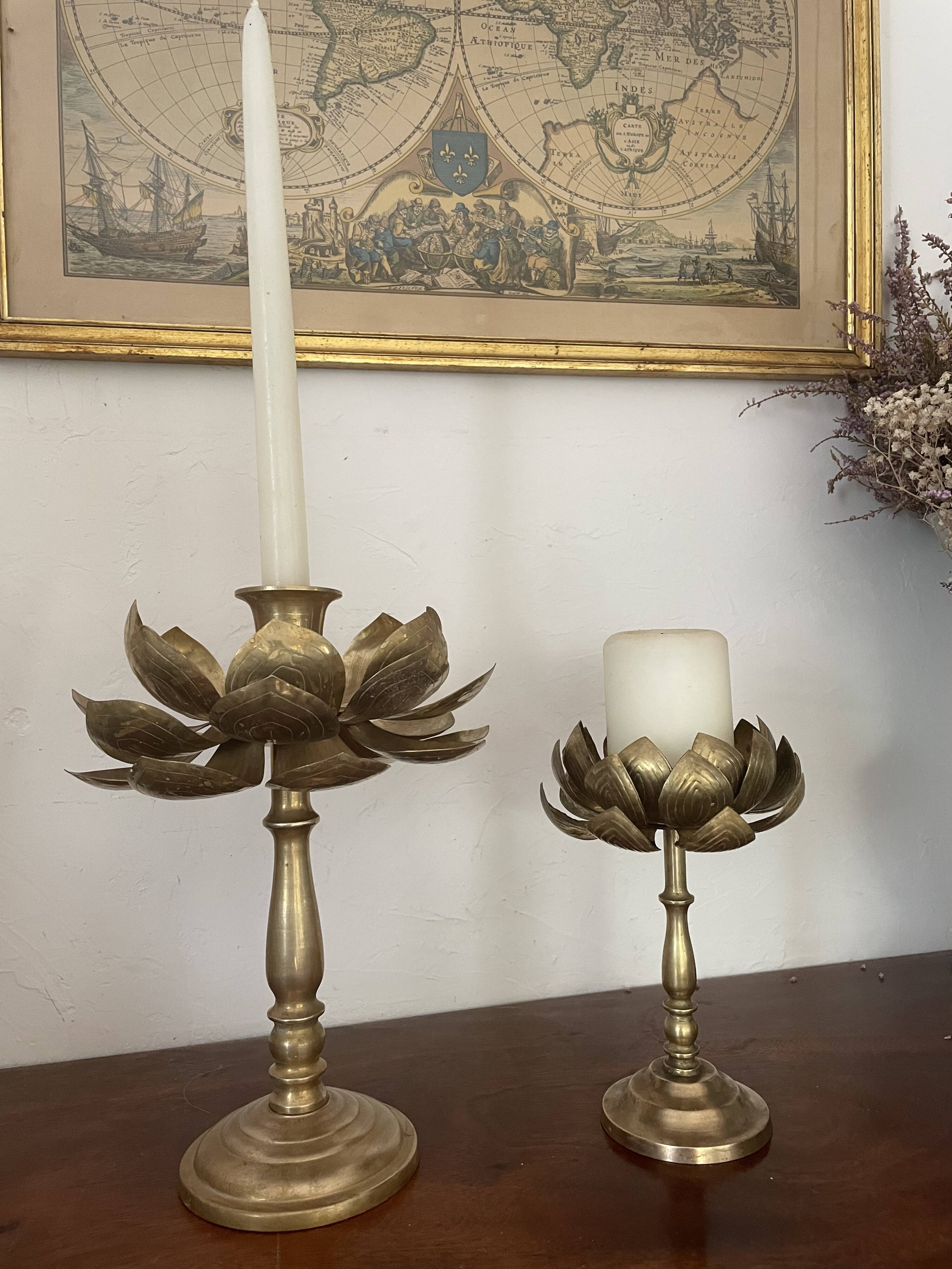 Set of two old brass lotus flower candlesticks