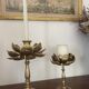 Set of two old brass lotus flower candlesticks