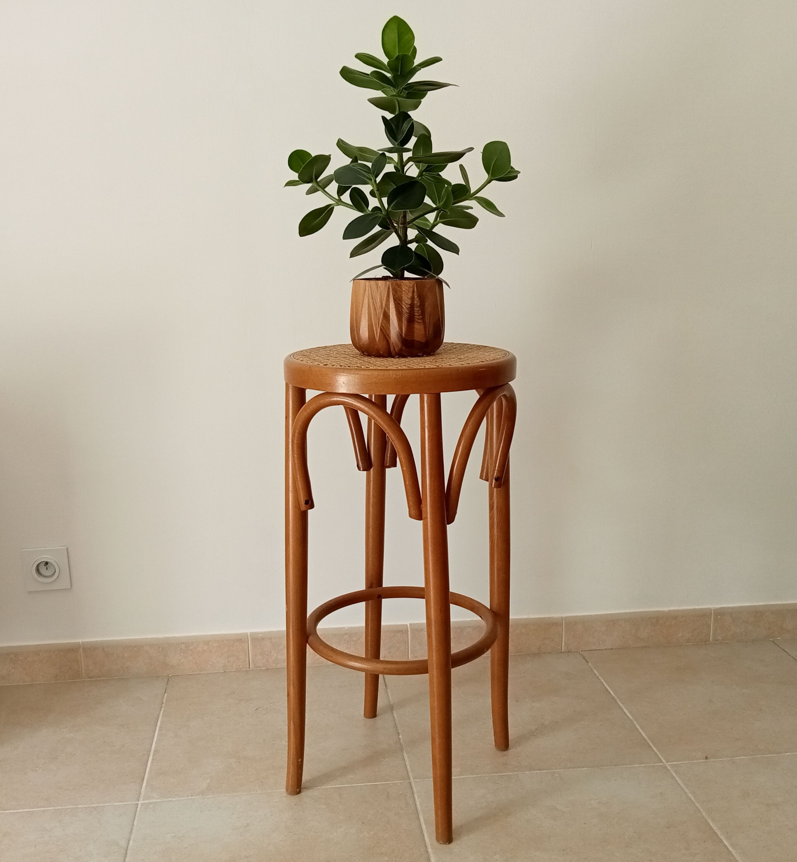Vintage curved wooden high stool and tanned seat