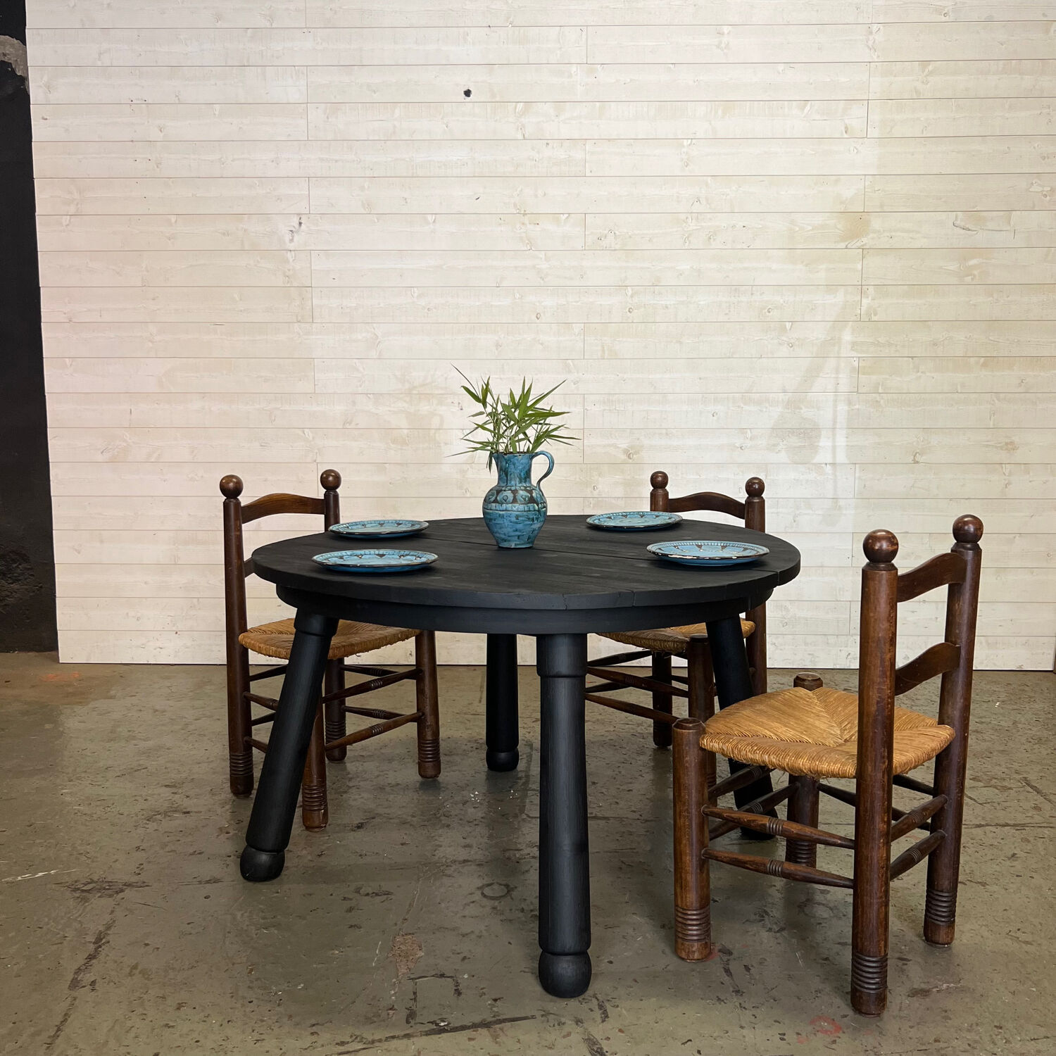 Brutalist round table in burnt wood yakisugi