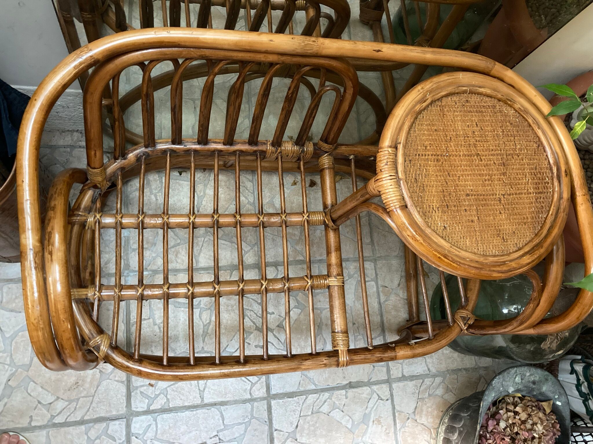 Vintage Scandinavian rattan bench tablet 1960s