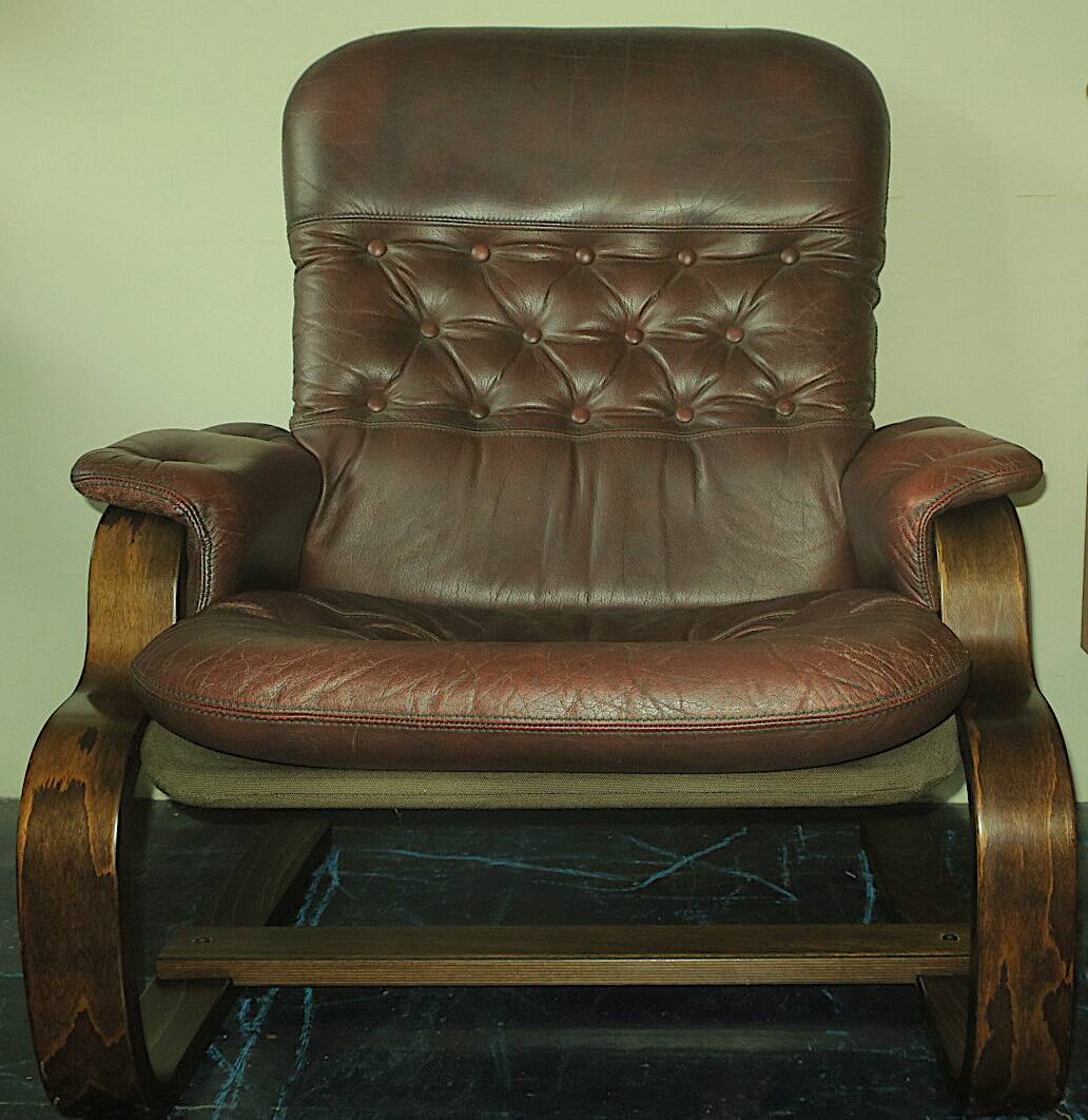 Mid century Scandinavian cantilever leather lounge chair and ottoman, 1960s