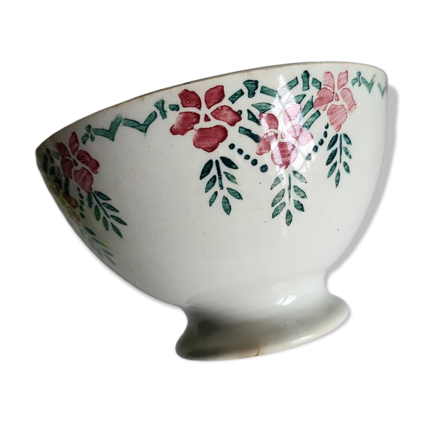 Old Bowl in Earthenware with Flower Decoration Marked underneath M