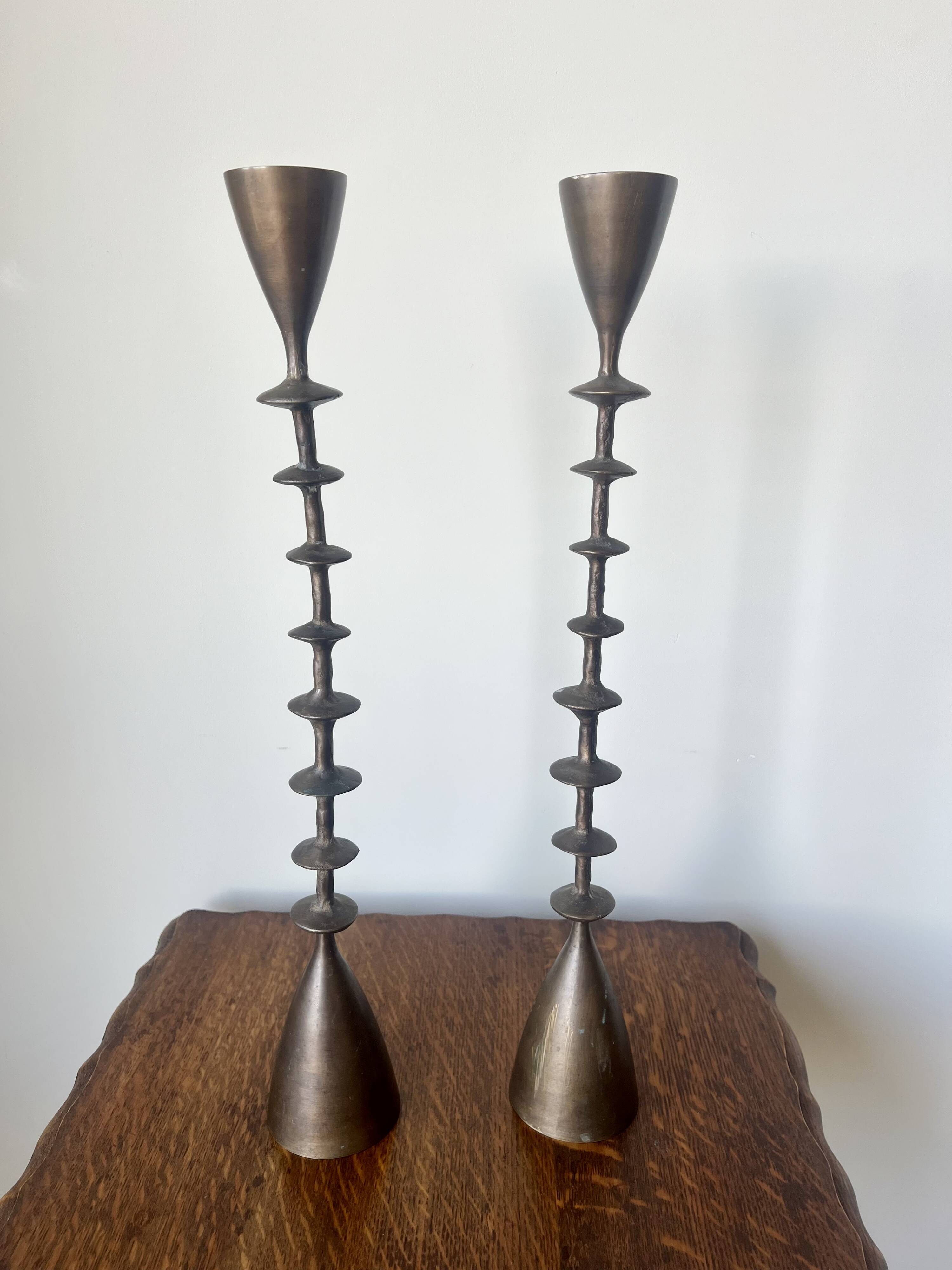 Vintage mid century brutalist hand forged brass candlesticks