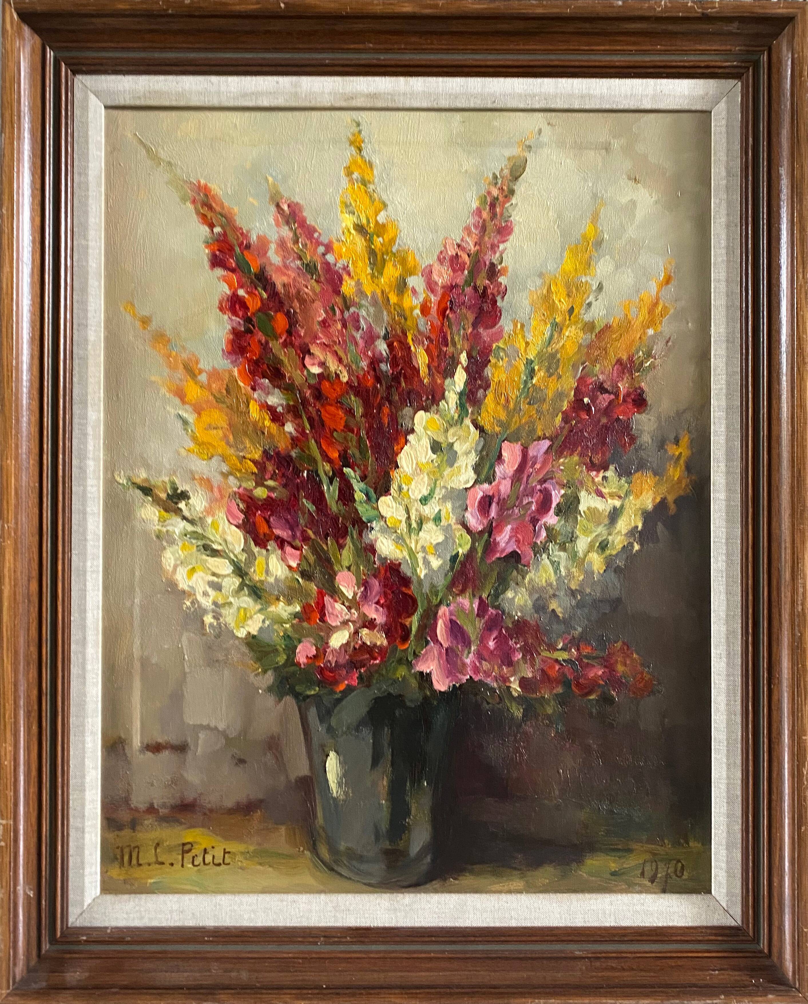 Hst painting of 1970 : "bouquet of muffliers flowers" signed m. l. petit