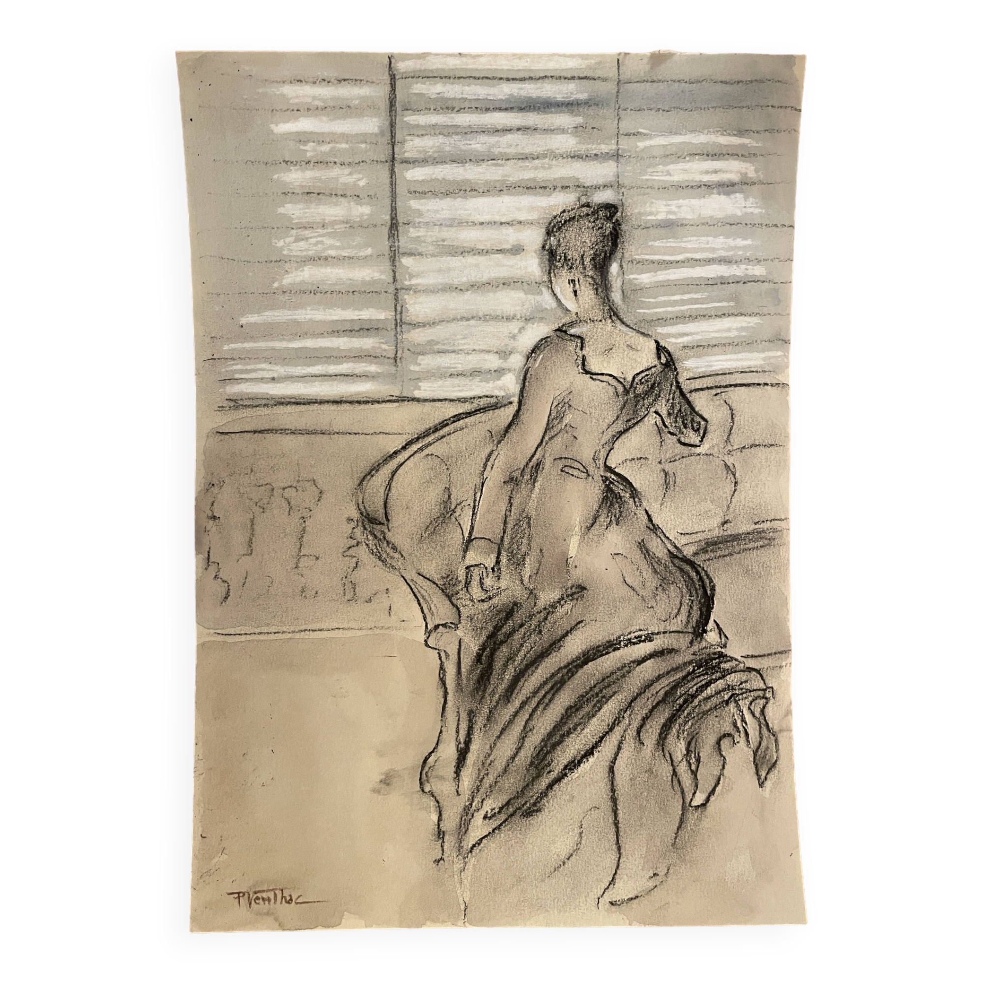 Painting signed charcoal watercolor female portrait Empire “sofa”