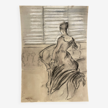Tableau signé fusain aquarelle portrait féminin Empire « canapé »