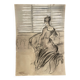 Painting signed charcoal watercolor female portrait Empire “sofa”