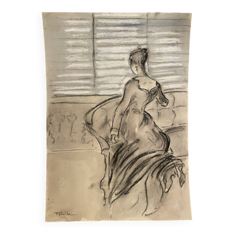 Painting signed charcoal watercolor female portrait Empire “sofa”