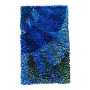 Mid-century Modern High Pile Blue Rya Rug, Sweden, 1960s