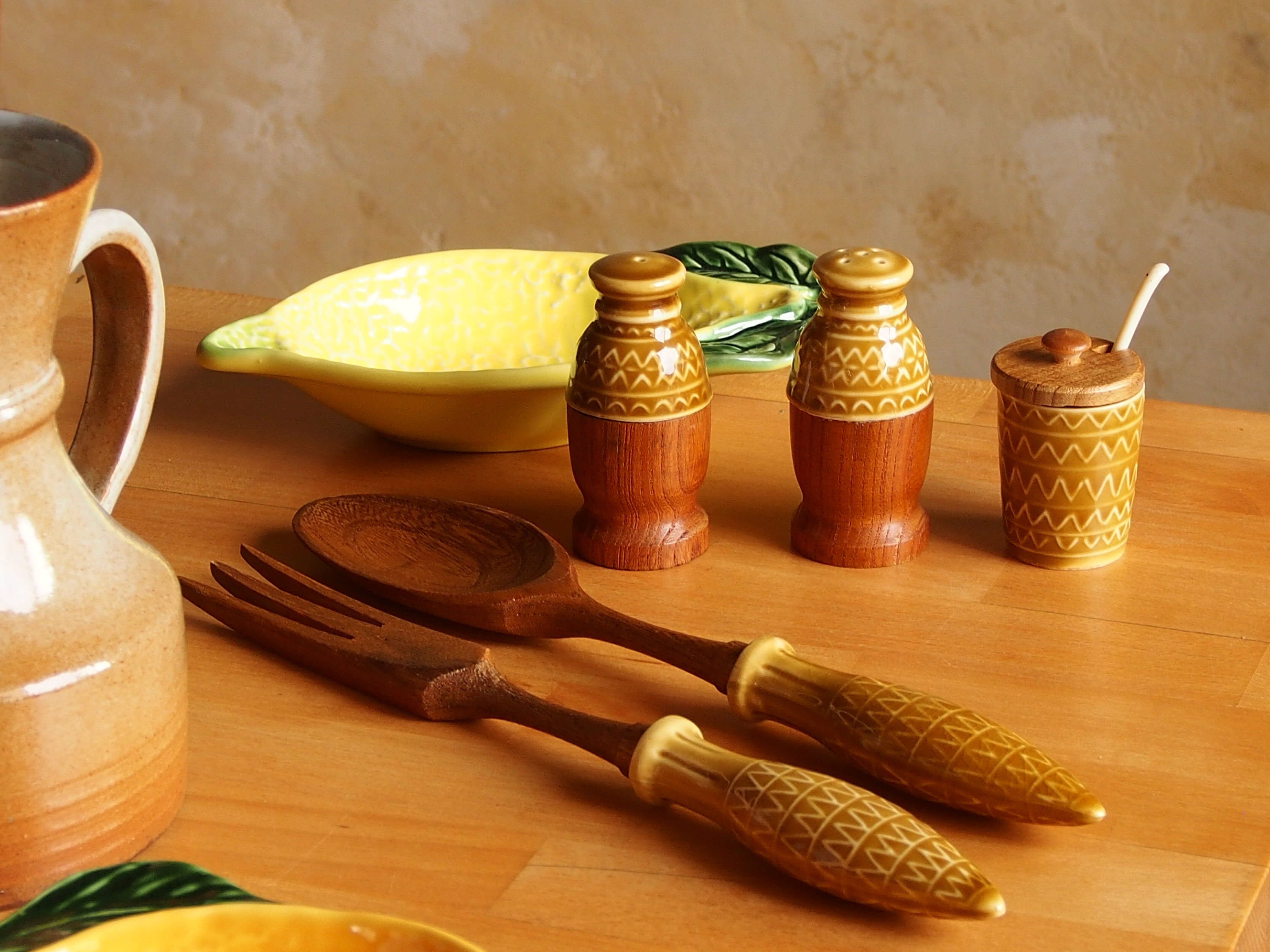 Vintage salt shaker, pepper, mustard and salad cutlery set