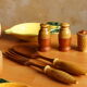 Vintage salt shaker, pepper, mustard and salad cutlery set