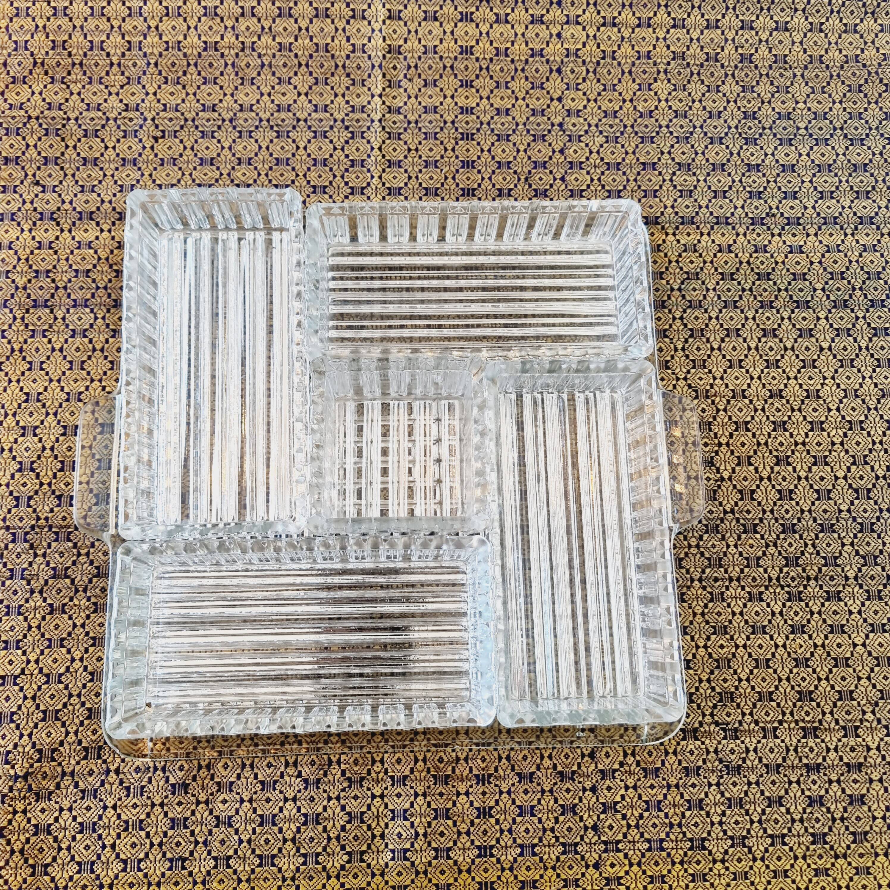 Large 6-piece aperitif tray in French molded rock crystal from the 50s and 60s