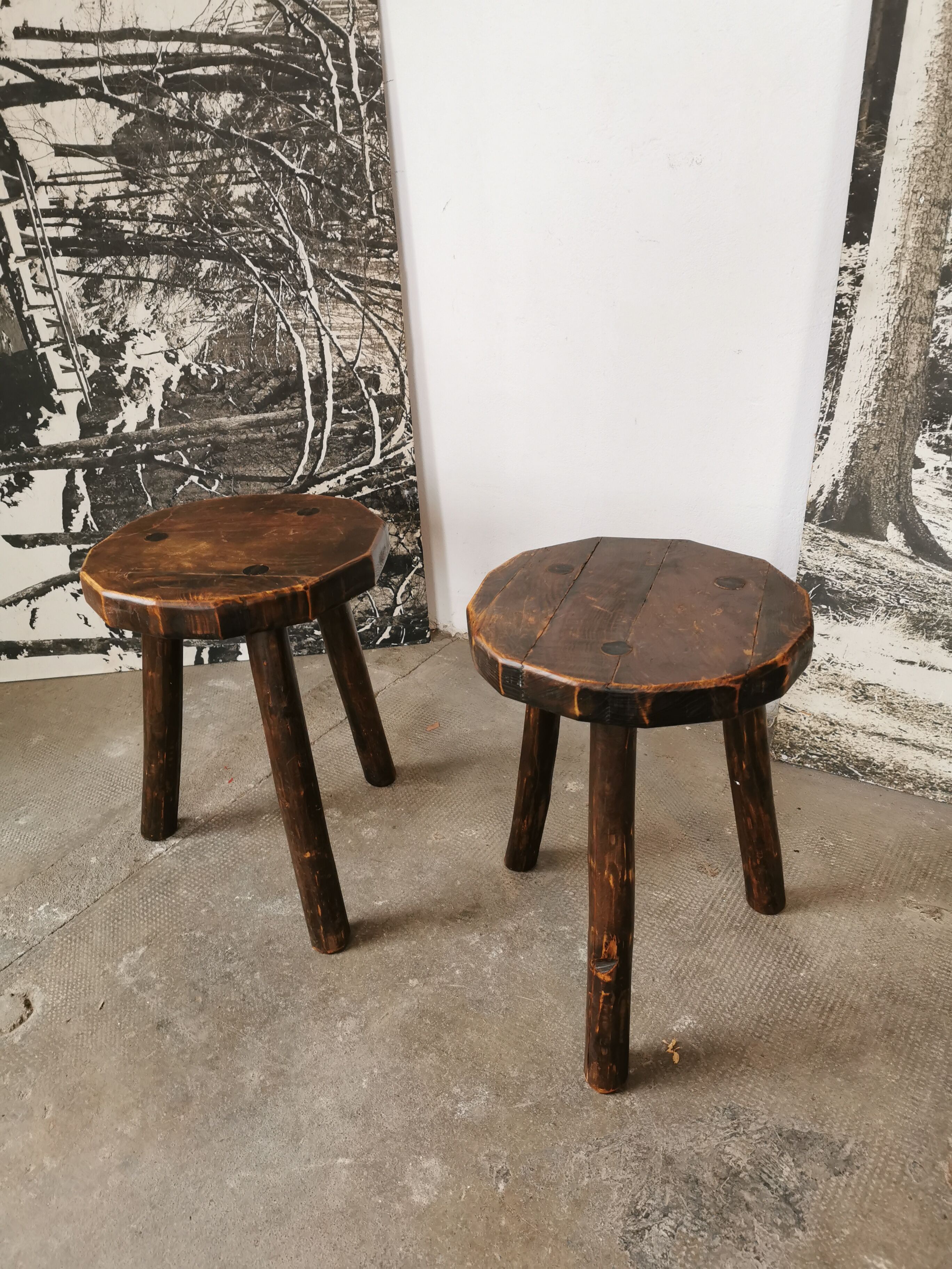 Pair of brutalist wooden stools