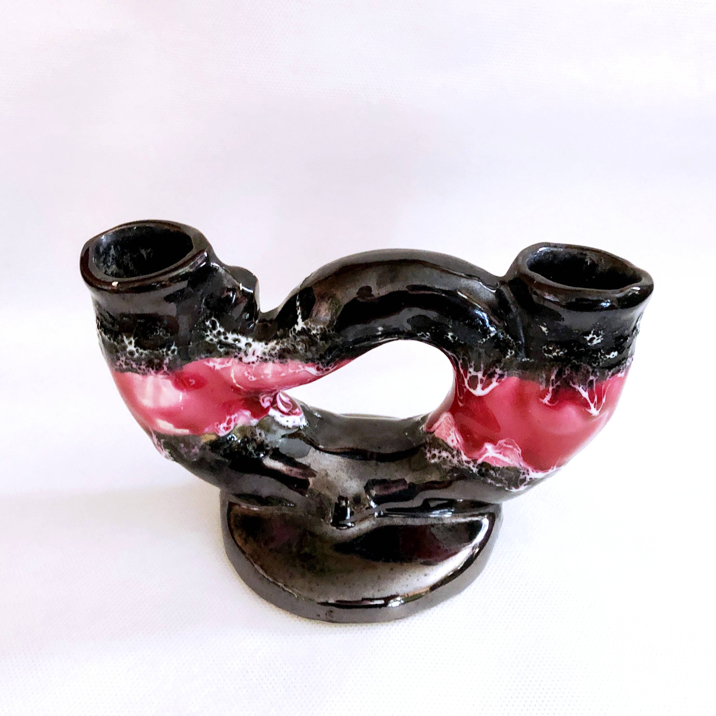 Vintage artisanal two-tone earthenware candle holder Vallauris France