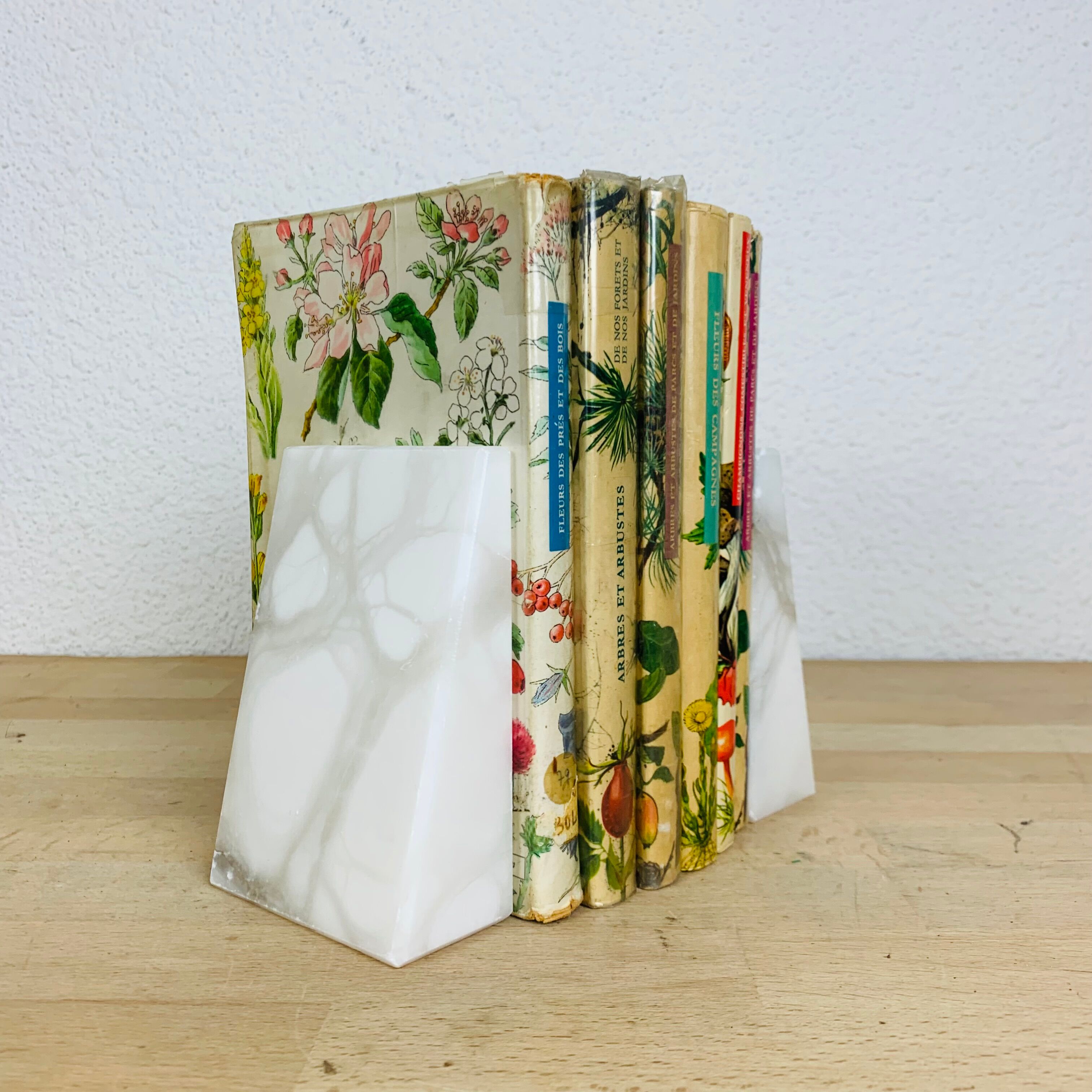 Pair of book greenhouses in alabaster white marble