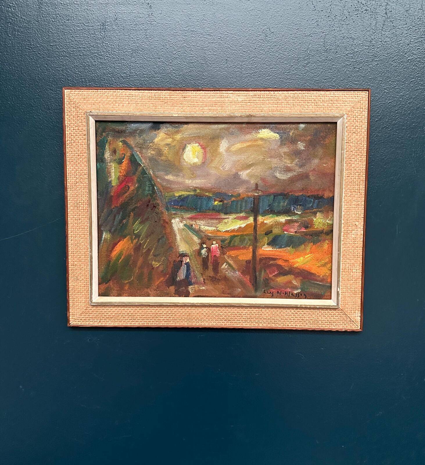 Original Swedish Oil on Panel – “Landscape with Figures” by Lars Niklasson