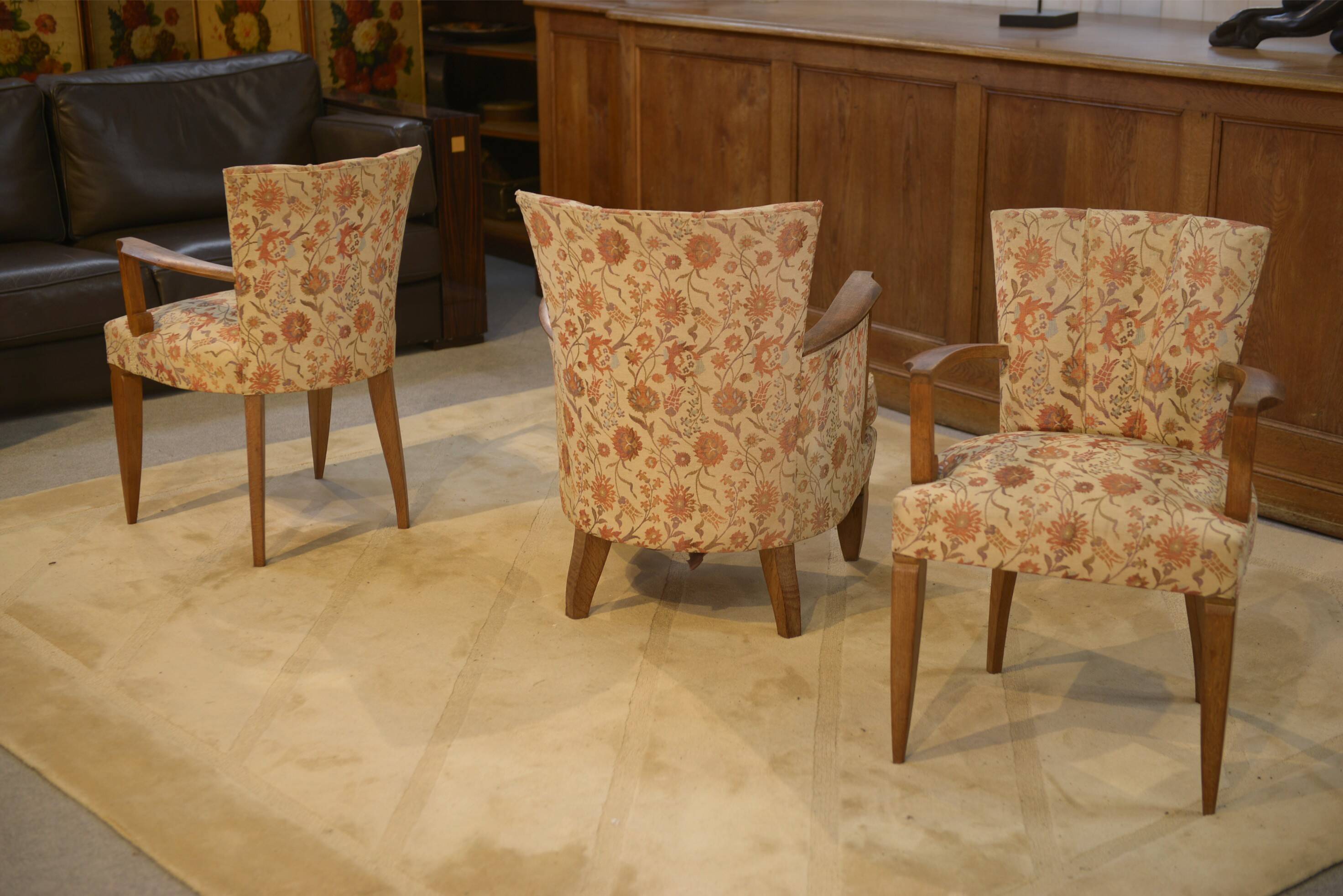 Set of 2 Bridge armchairs and one armchair attributed to Jules Leleu from the 1930s.