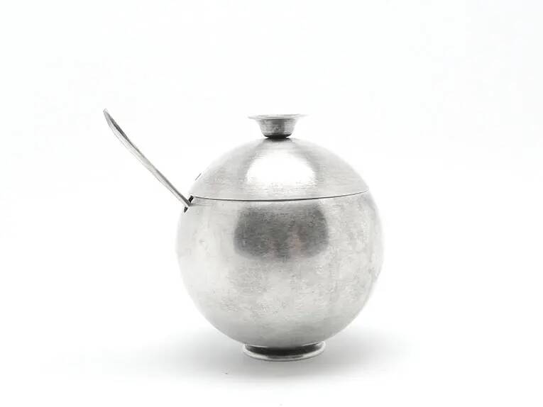 Mid-century modern sugar bowl, silver-plated brass, Poland, 1960s