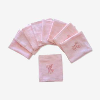 9 serviettes art déco roses monogrammées NC