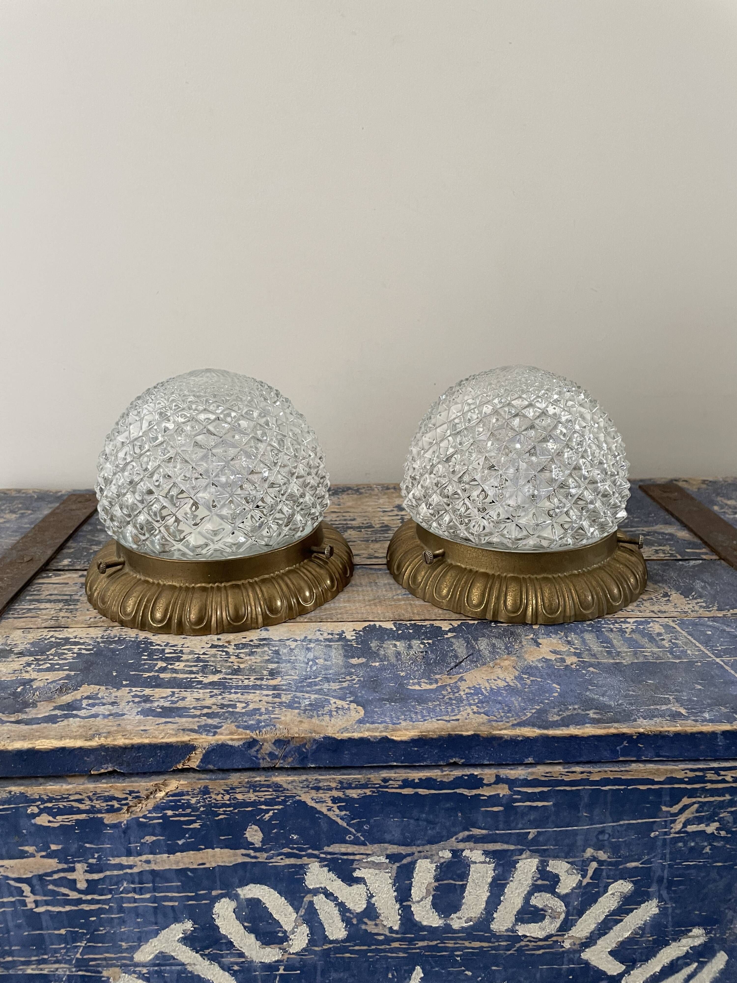 Set of two ceiling lamps or sconces in brass and glass