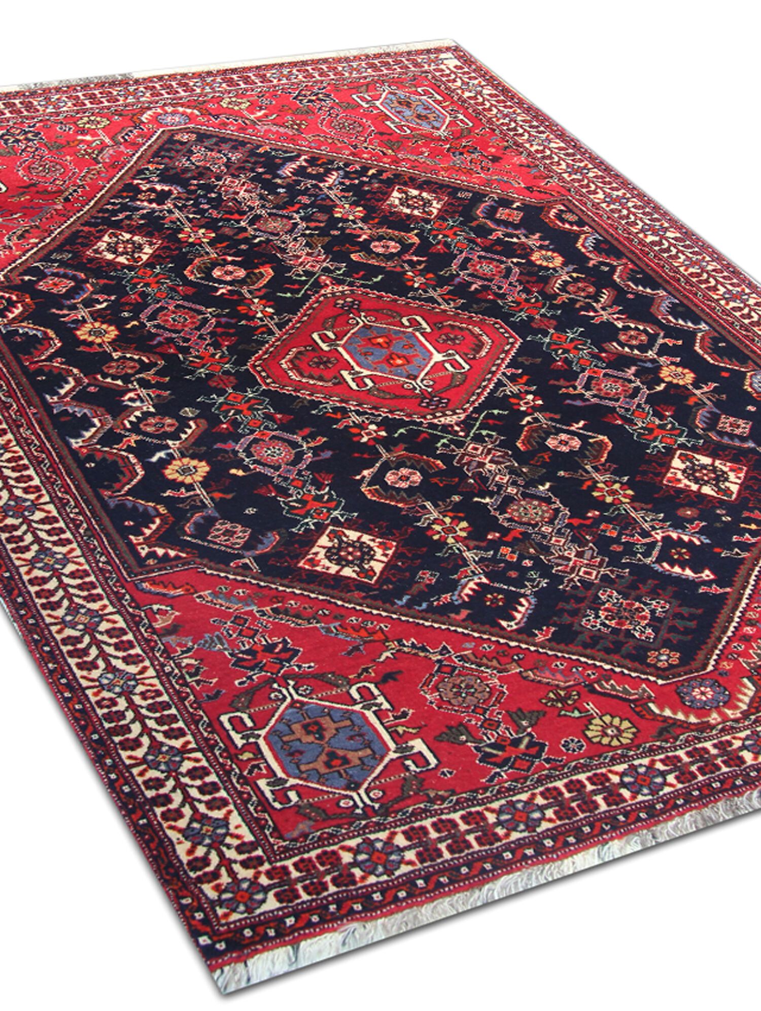 Handmade vintage persian carpet traditional red blue wool carpet - 117x160cm
