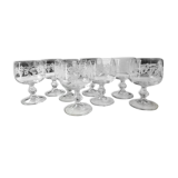 Lot 8 stemmed glasses, vine shoots patterns / Bunches of grapes in frosted glass. Vintage