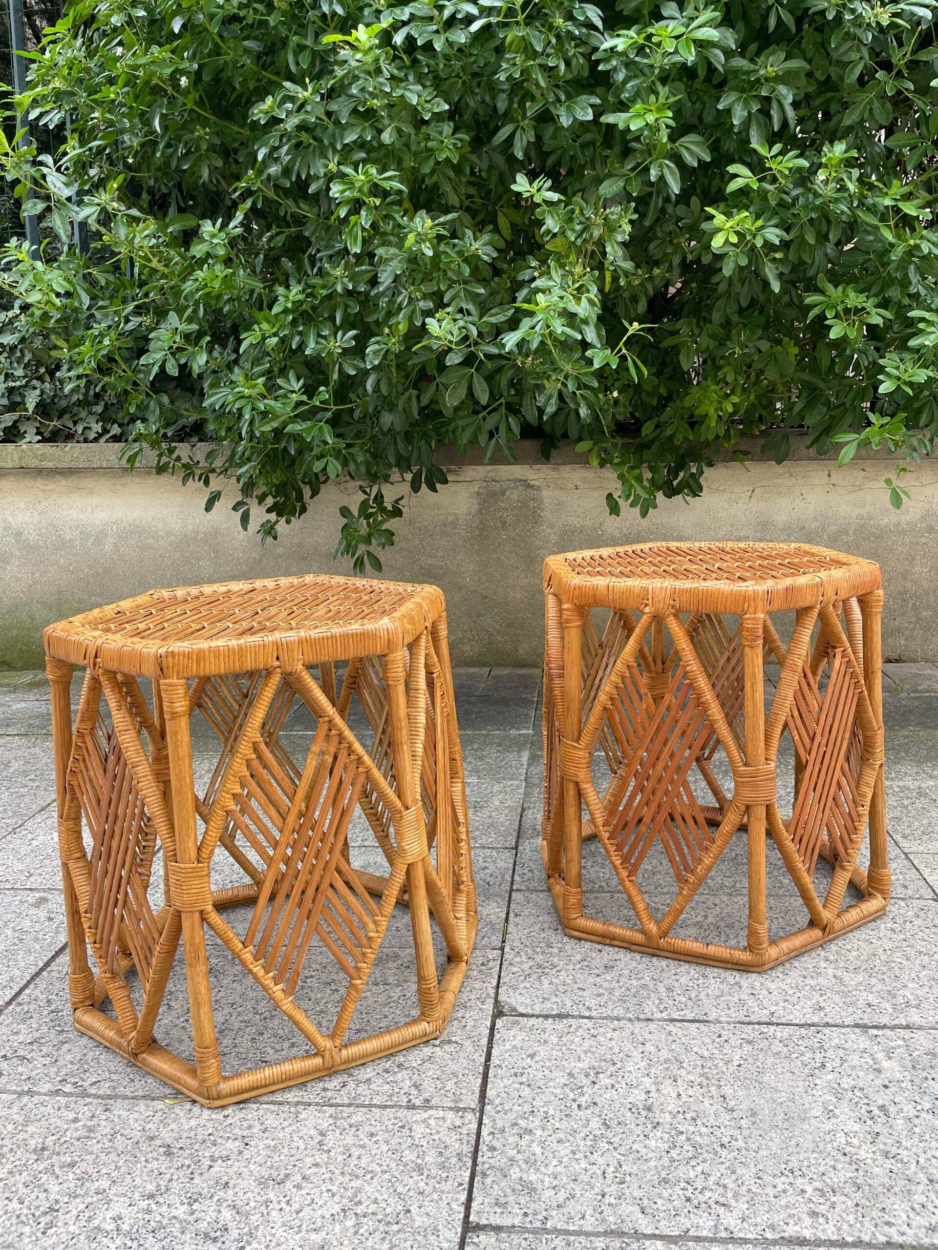 Pair of rattan side or bedside tables