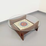 Vintage 60s-70s round coffee table with 2 shelves in glass and rosewood