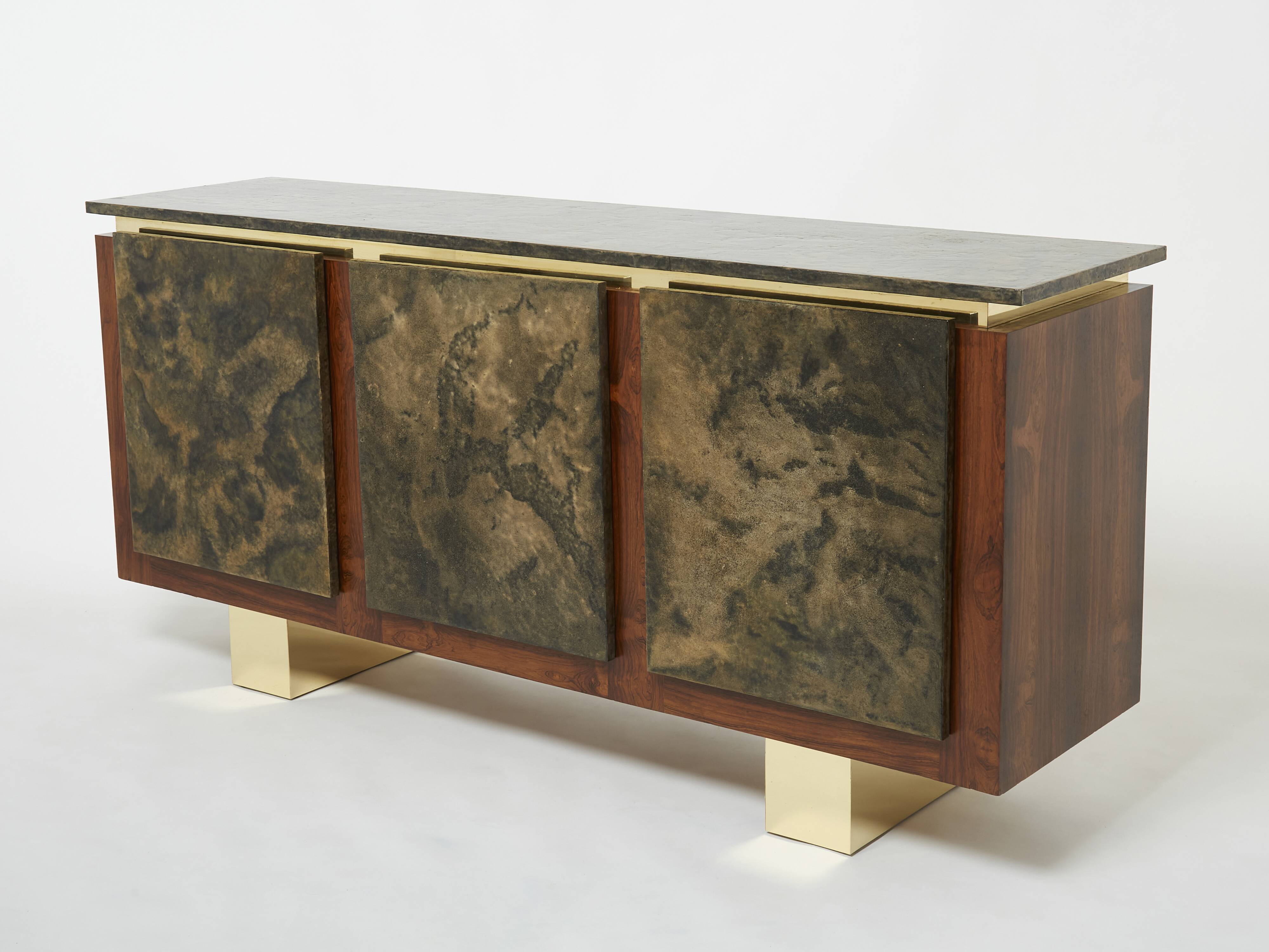 Brutalist Belgian enfilade in rosewood, resin, and brass from around 1970.