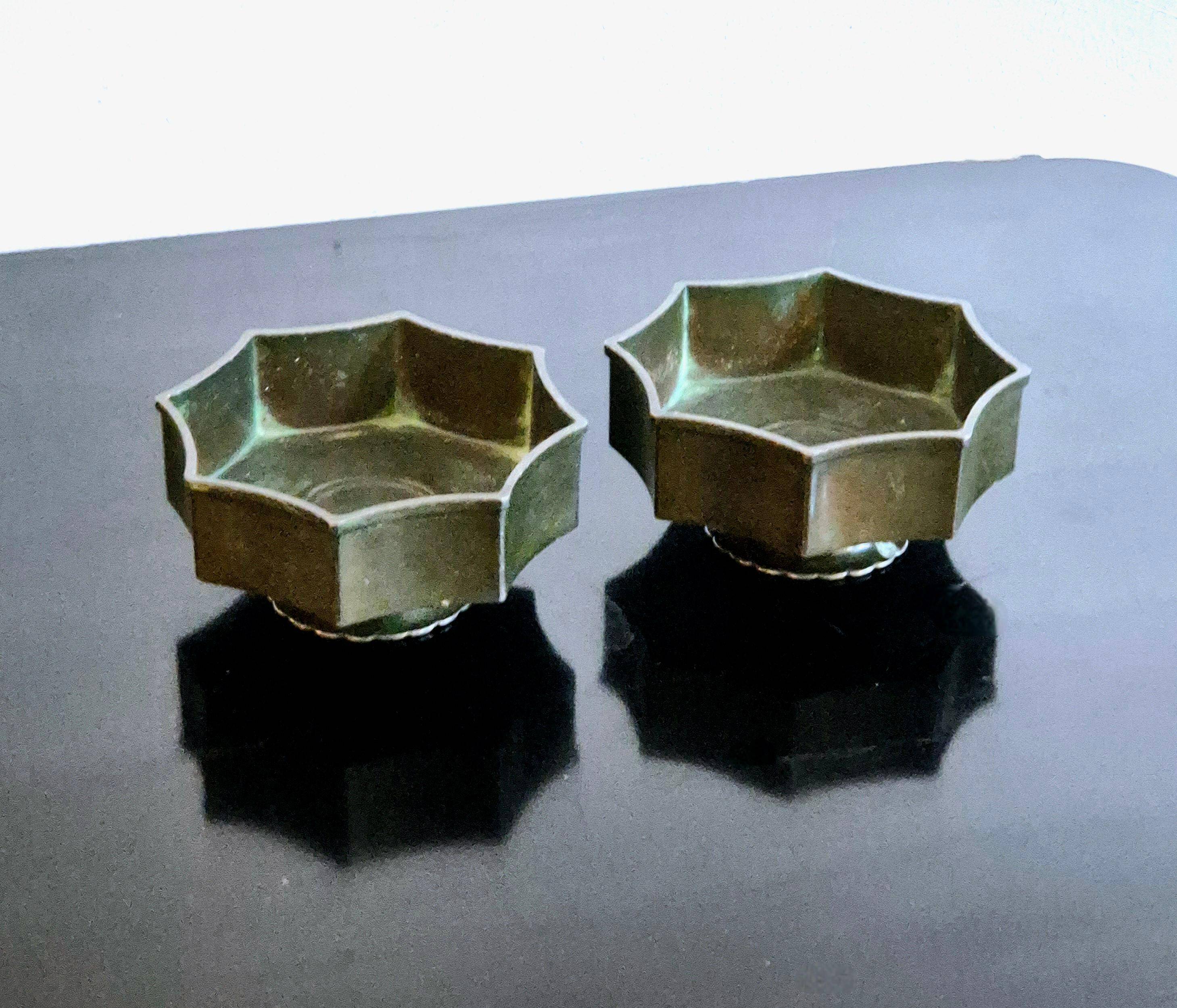 Pair of bowls/candle holders Just Andersen in metal Disko, Danish Grace