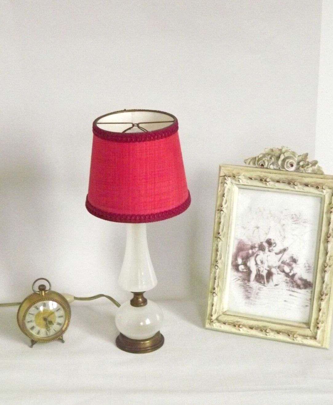 Brass & white glass table lamp red fabric shade