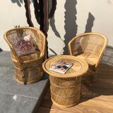 Set of two vintage rattan armchairs and table