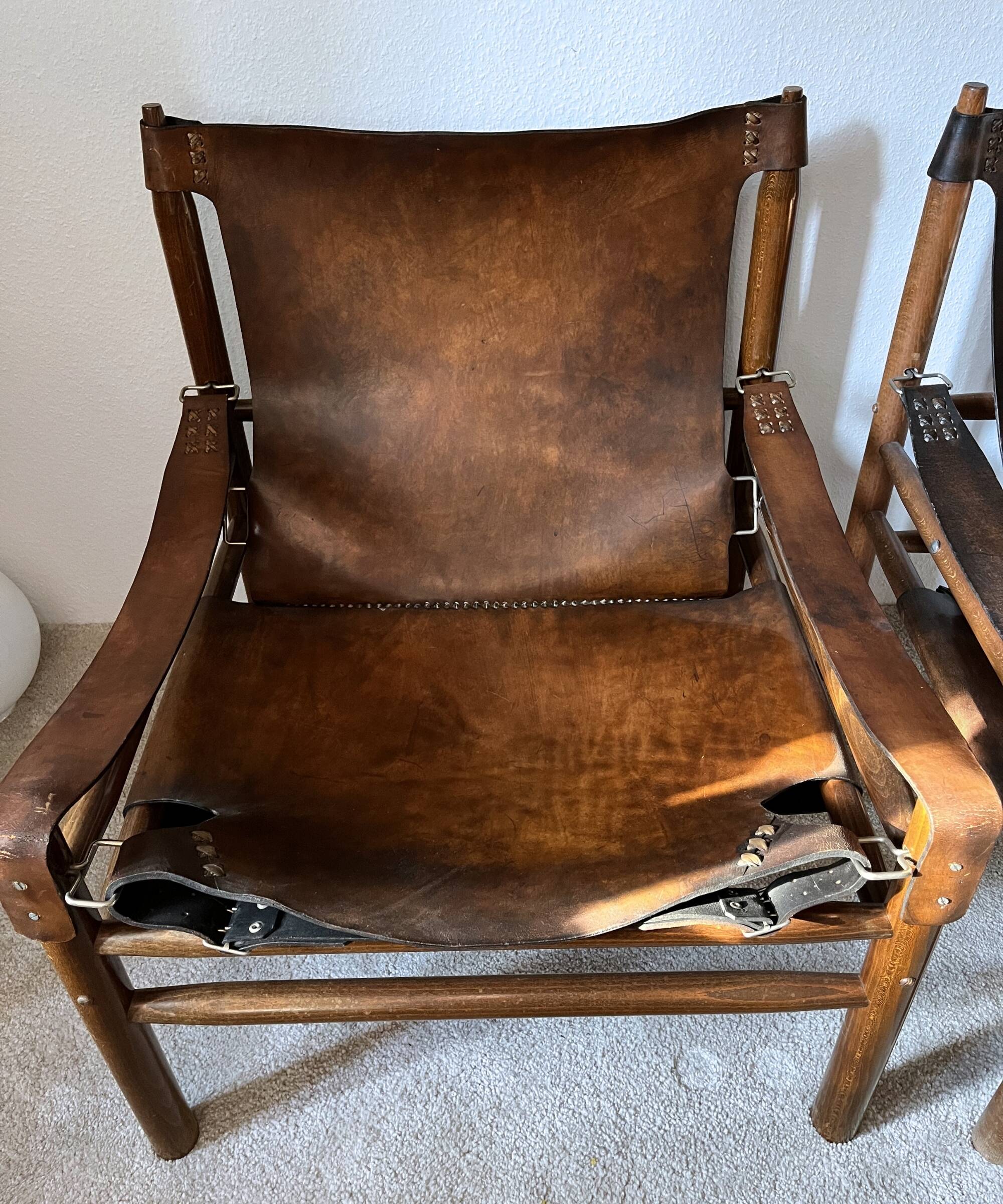 Buffalo Leather Safari Armchair in Pair, Solid Oak Frame, Vintage Style, 19