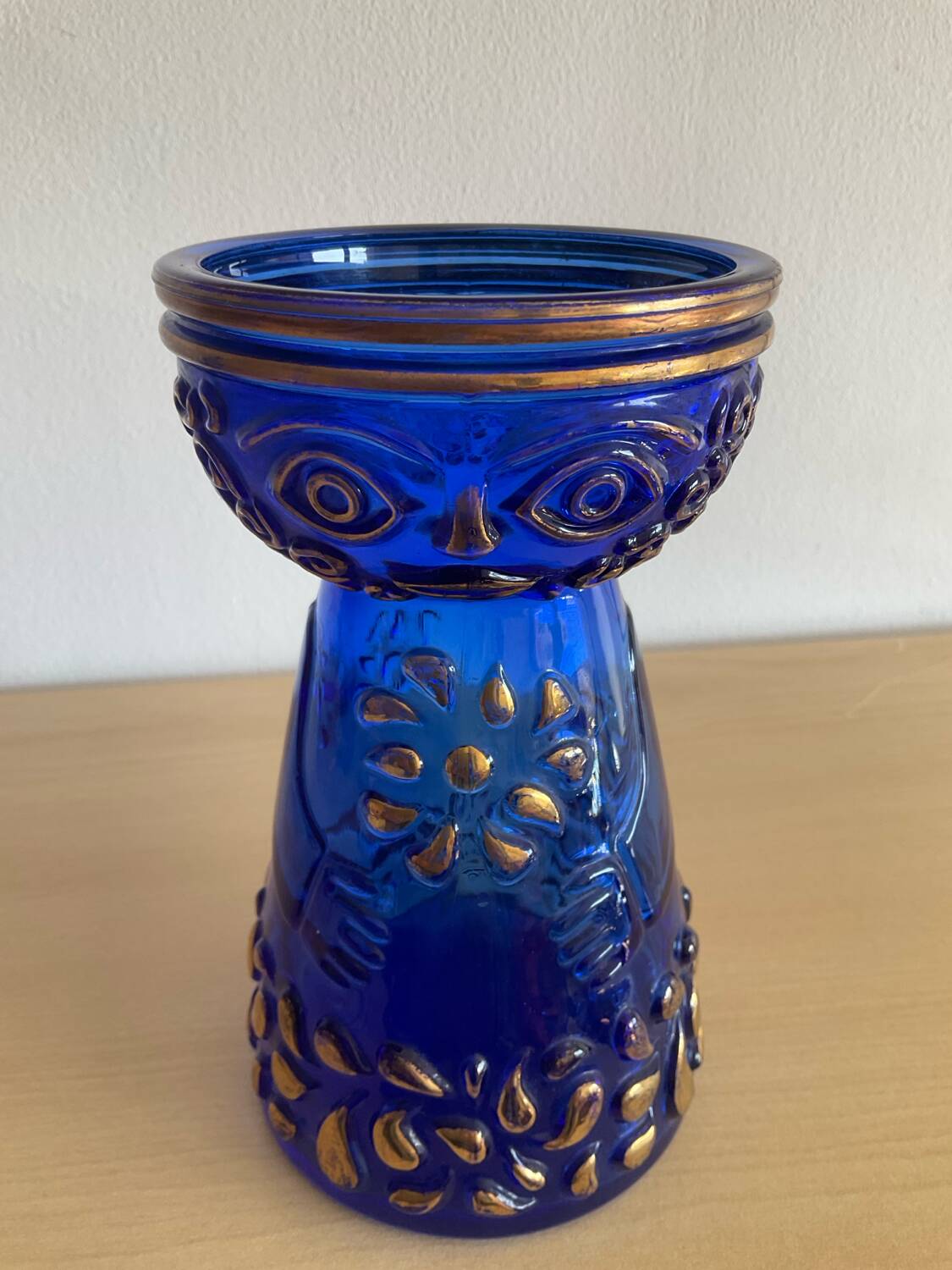 Anthropomorphic Hyacinth vase in cobalt blue and gold glass