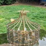 70s designer chandelier with smoked glass plates and gold metal frame
