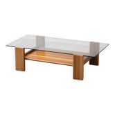 Table basse vintage en verre et bois, design moderniste, années 1970
